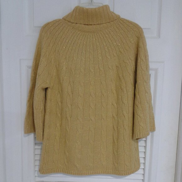 Alfani Womens Metallic Gold 3/4 Long Sleeves Turtle Neck Cable Knit Sweater Sz L - Picture 2 of 6